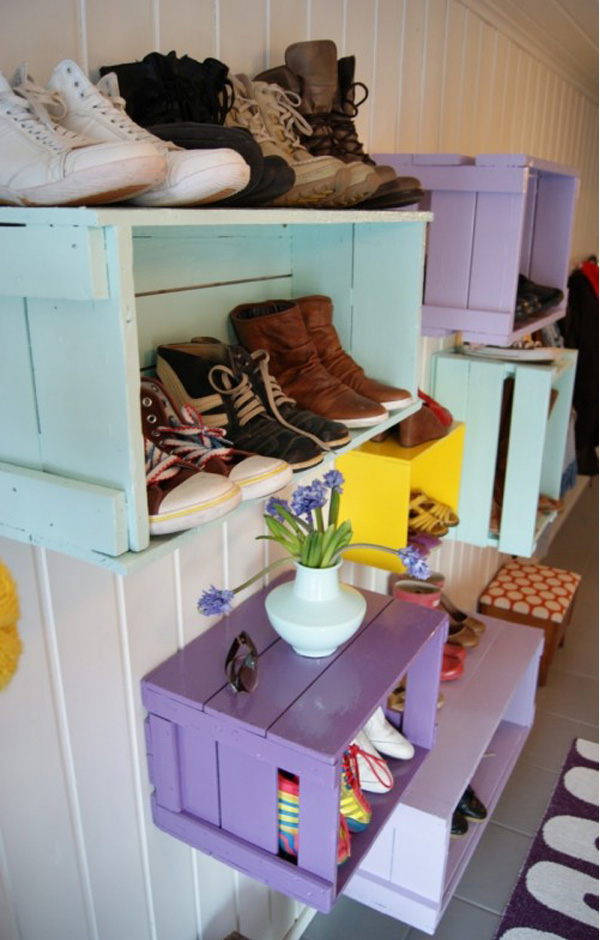 Painted wooden crate shoe storage