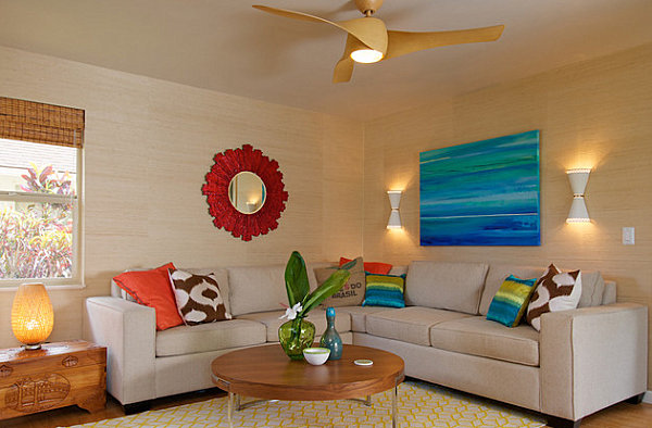 Palm leaves in a bright living room