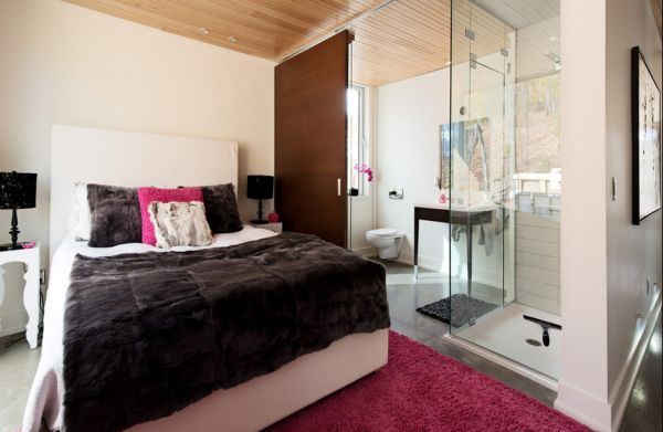 Plush rug and pillows in fashion fuchsia breathe life into a stylish modern bedroom