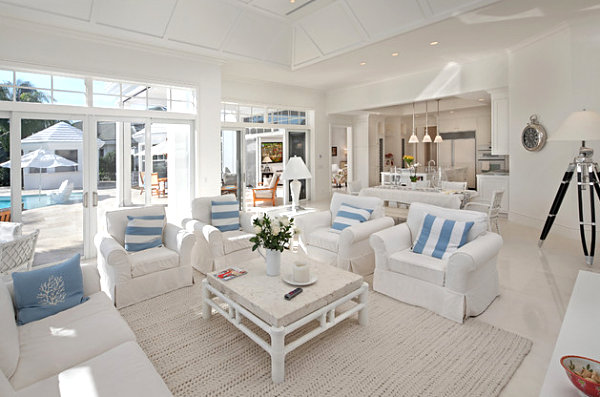 Striped blue pillows in a bright living room