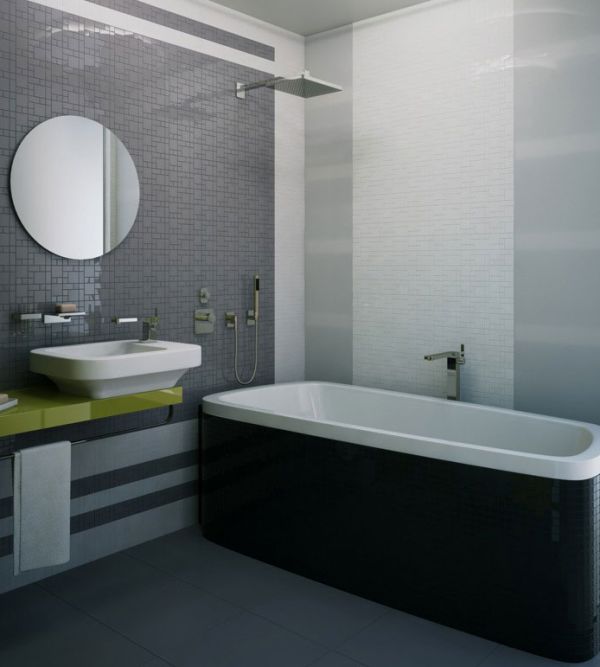 Various shades of gray coupled with white and black create a stunning minimalist bathroom