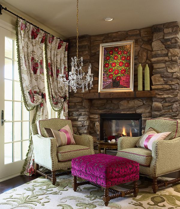 Velvet fuchsia coupled with light green leopard print chairs for eclectic interiors