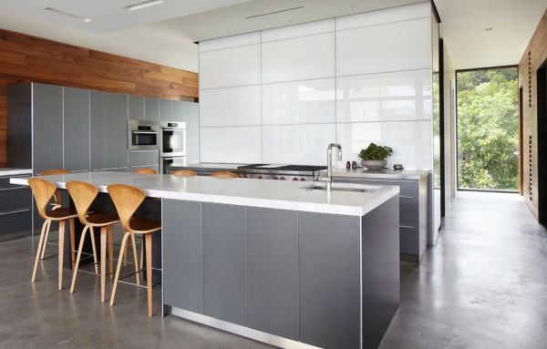 Warm wooden surfaces work well alongside gray in the kitchen