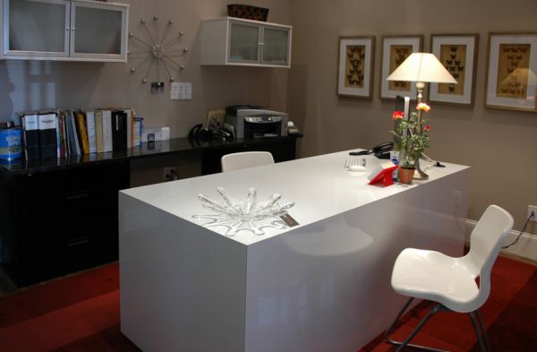 Warmer shades of gray along with white and red are ideal for a lovely home office