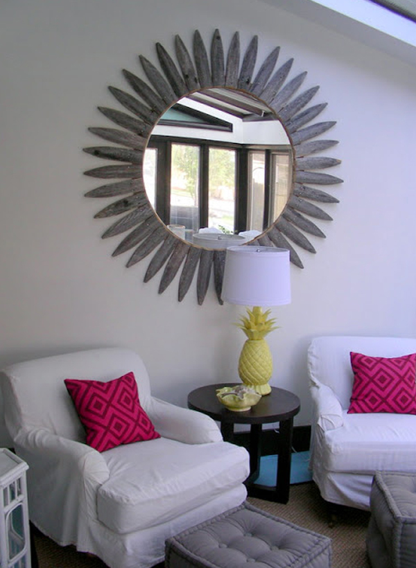 Weathered wood sunburst mirror frame