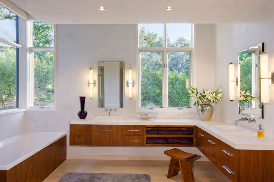 bathroom with wood furniture