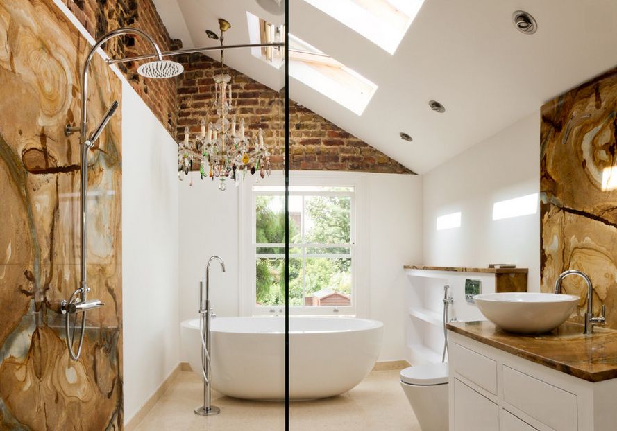 exposed brick walls in the bathroom