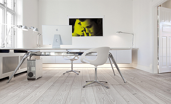 modern home office with Dinesen wood flooring