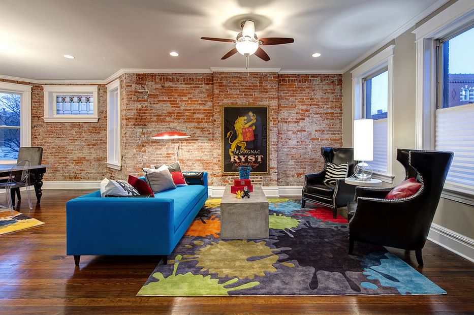 modern living room with exposed brick wall