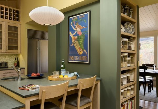 A dashing poster lights up the compact kitchen area