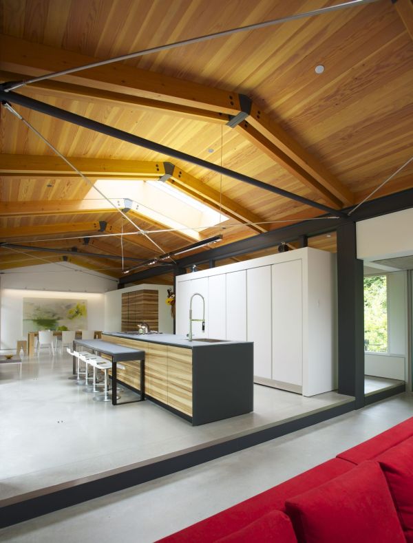 Ample natural lighting floods through the skylight