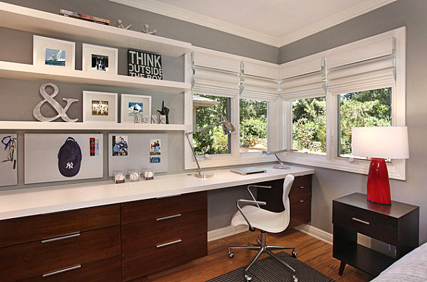 Ample shelving in an office and bedroom