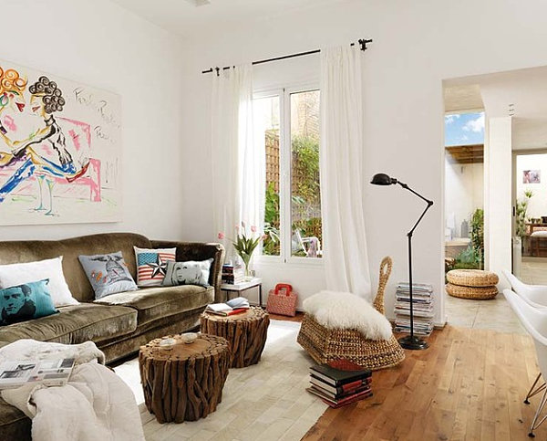 Artistic white living room with bursts of color