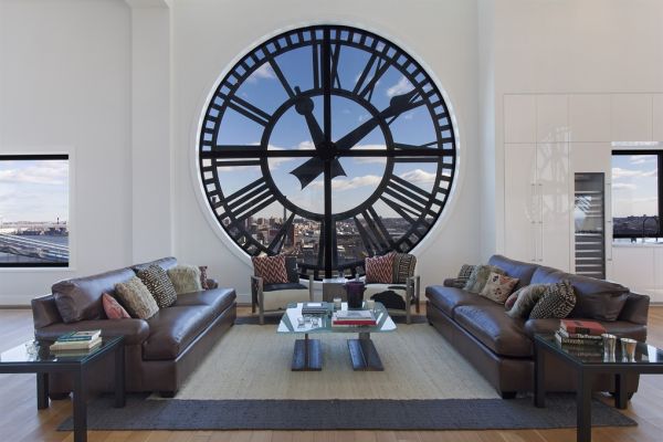 Awesome living room of the Clock Tower penthouse in Brooklyn