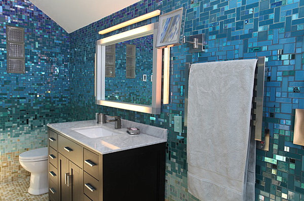 Bathroom with blue mosaic tiles