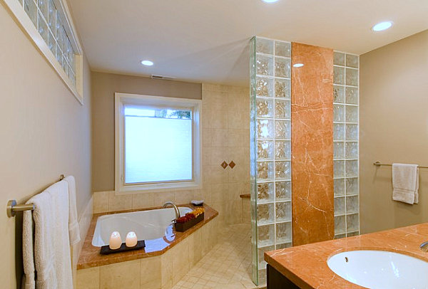 Bathroom with marble and glass block details