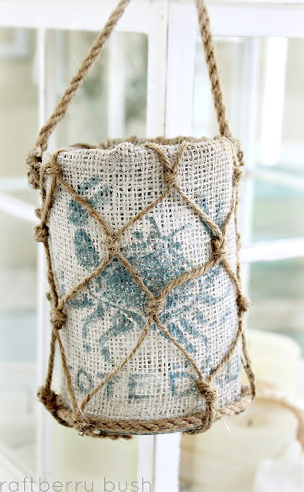 Beachy burlap and rope lantern