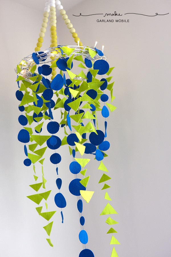 Blue and green garland mobile