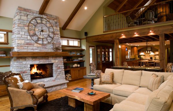 Clock above the fireplace offers a hint of rustic charm to modern interiors