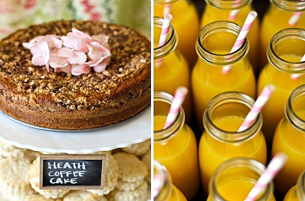 Coffee cake and orange juice at a brunch party