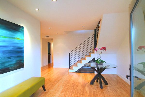 Colorful details in a white entryway