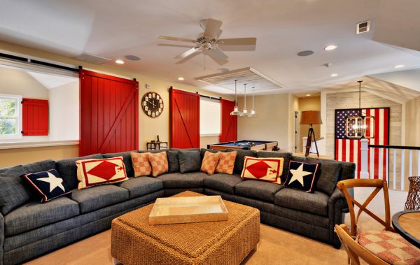 Colors of the family room complement the large framed flag in the backdrop perfectly