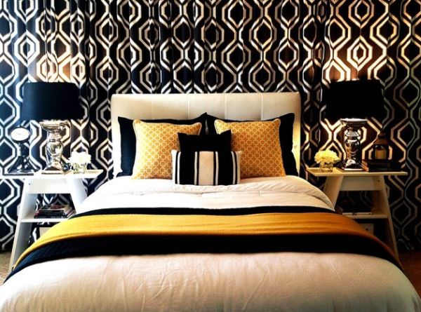 Contemporary bedroom in black, white and gold