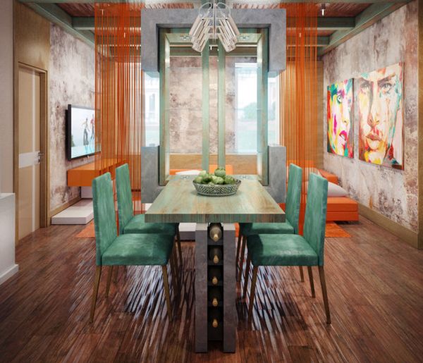 Unique dinning table with a fruit bowl that is holding green apples.