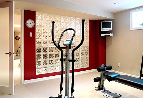 Contemporary home gym with glass block
