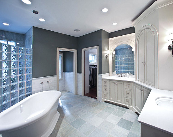 Eclectic bathroom with glass block detail