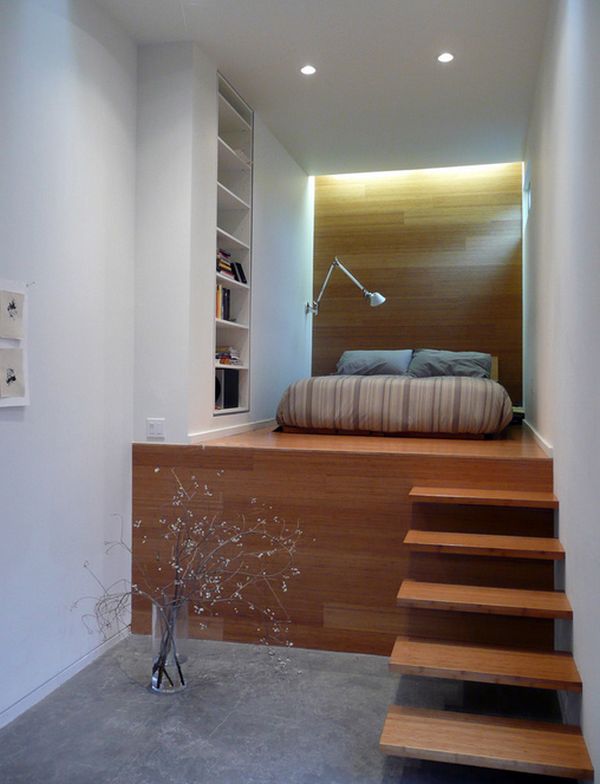 Floating stairs lead to the loft bed