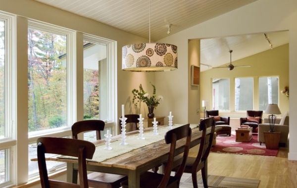 Galbraith and Paul Zinnia Pendant Drum Shade adds visual contrast to the dining area