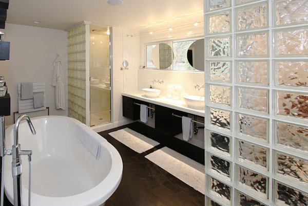 Glass block adds privacy in a modern bathroom