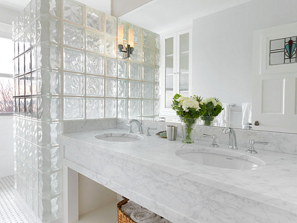 Glass block and marble bathroom