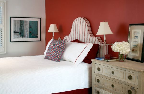 Headboard in red and white stripes brings in the flag motif here