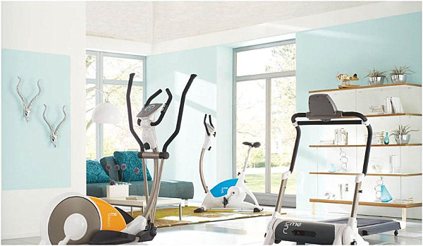 Home gym with colorful seating