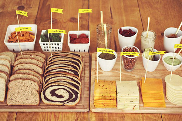 Labeled food at a fancy grilled cheese party