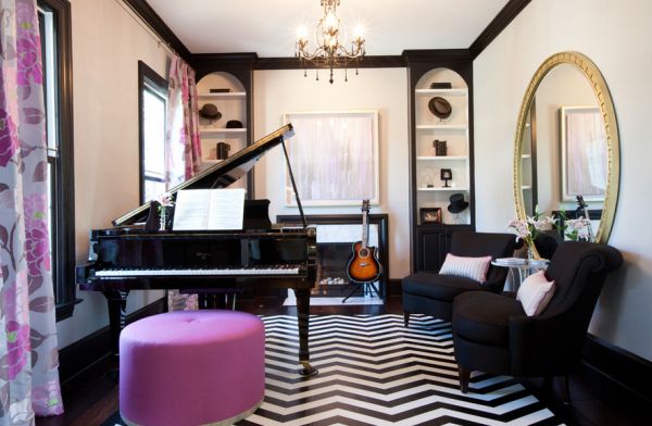 Living room in black and white proudly displays the owner's musical inclination