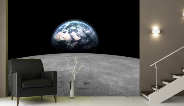 Living space with earth from moon mural wallpaper