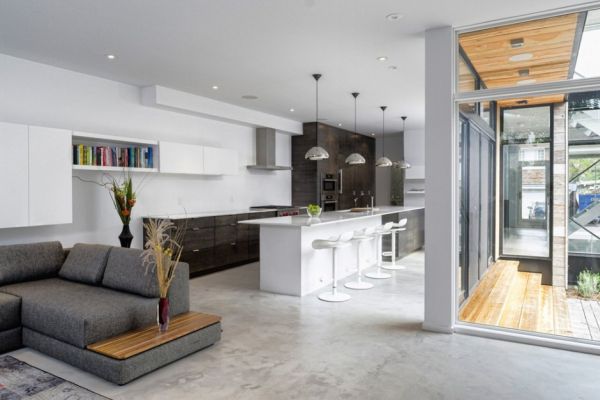 Minimalist open living floor plan inside the house