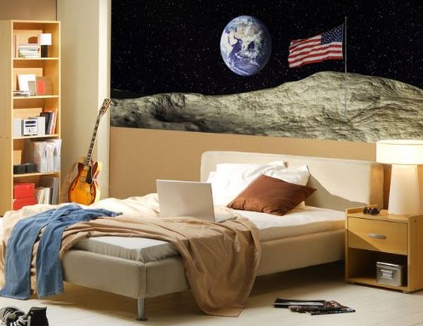 Modern bedroom with a poster of the US flag on moon