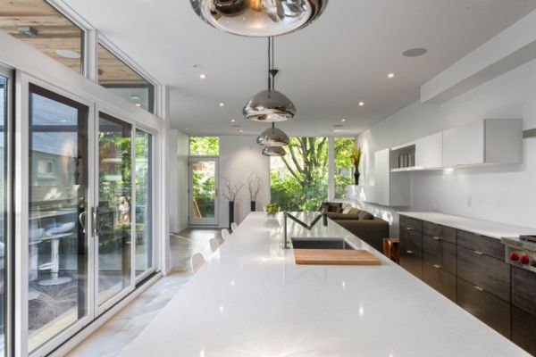 Neutral interiors in white and gray illuminated by smart lighting