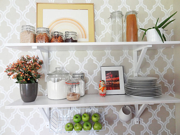 Open shelving in a bright kitchen