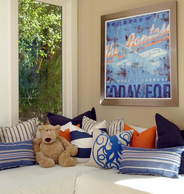 Pops of orange and a splash of blue are accentuated by the poster