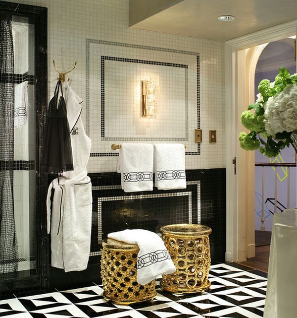 Stools in gold lend an oriental charm to the bathroom