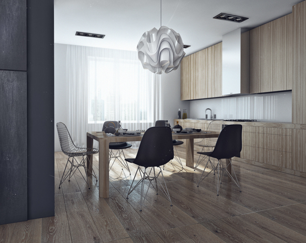 Stylish pendant light above the dining area