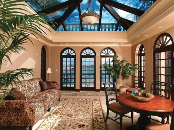 Exquisite room with custom skylight and arched windows