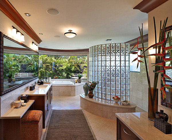 Tropical bathroom with glass block