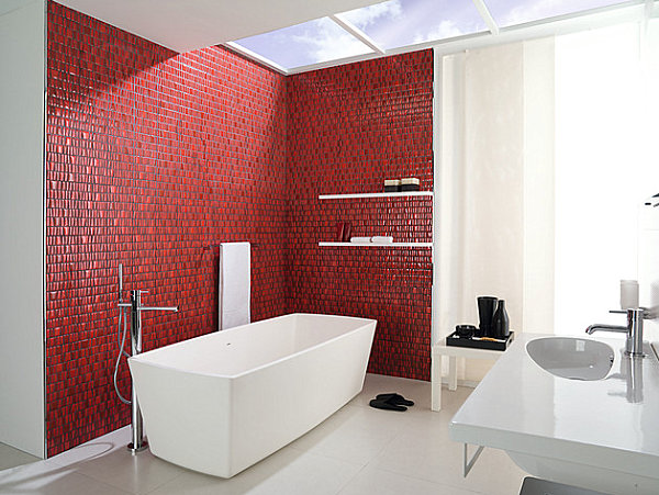 Vibrant red wall in a modern bathroom