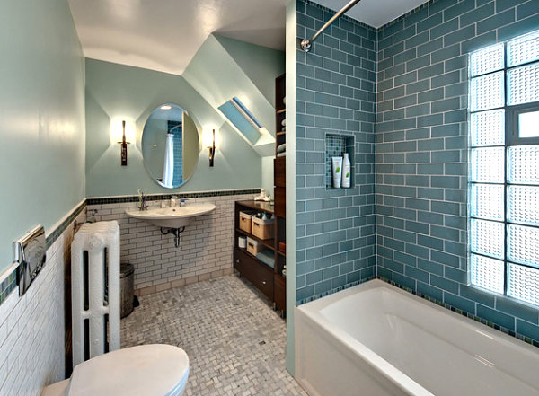 Vintage and modern details mix in a bathroom with glass block